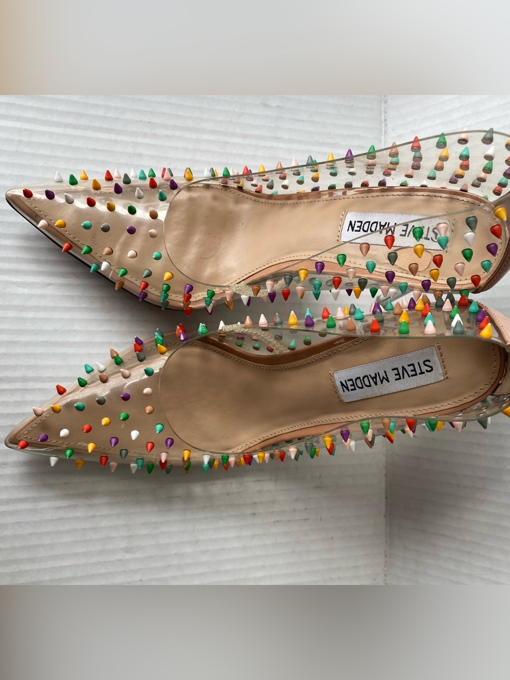 Steve Madden Vala-S Clear Rainbow Spiked Stiletto Heels Nude Pumps Size 8M - Picture 6 of 15